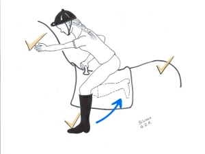 Desenho de praticante de equoterapia fazendo exercício de tocar o pescoço do cavalo