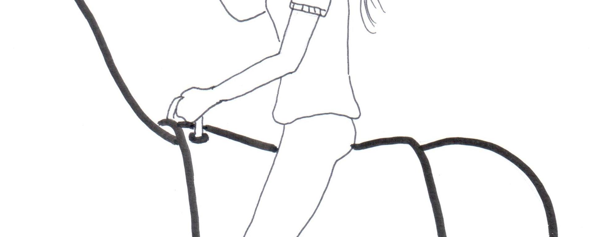 Desenho de uma praticante de equoterapia, montada um cavalo, segurando um fantoche na mão direita.