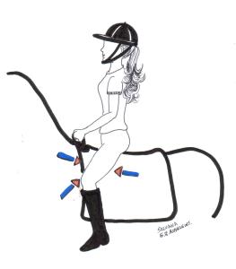 Desenho de uma menina montada o cavalo realizando exercício para a musculatura adutora da perna.