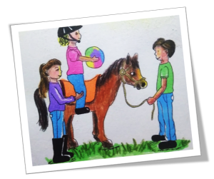 Desenho de menina montada cavalo segurando uma bola. A equoterapeuta está ao lado do cavalo e o equitador segurando as rédeas.