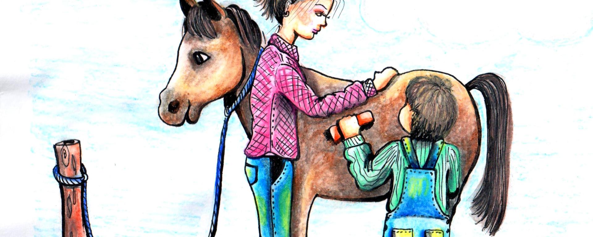 Desenho de um menino passando um escova de pelos em um cavalo com a orientação da equoterapeuta