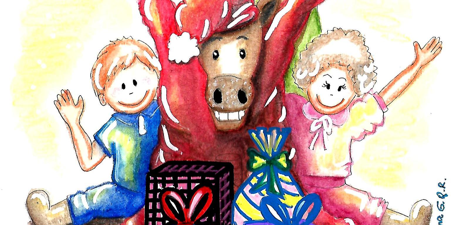 Desenho de um cavalo vestido de papai noel com presentes e crianças.