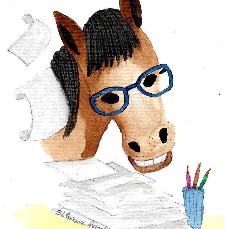 Desenho de um cavalo com muitos papéis na sua frente.