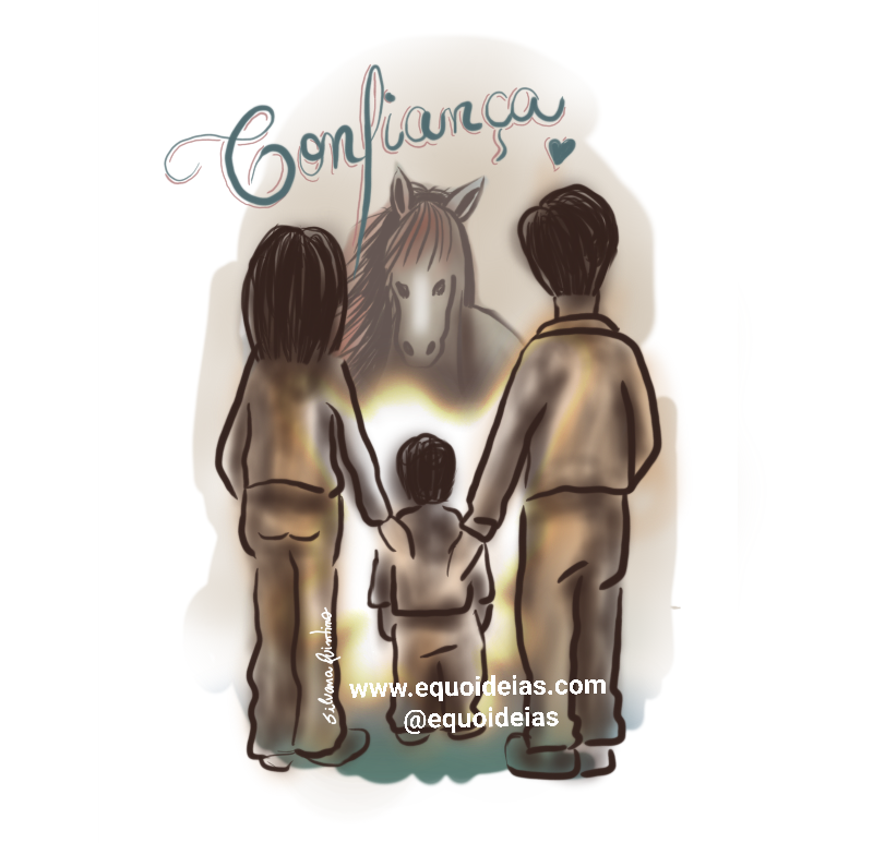 Desenho de uma família em frente à um cavalo.